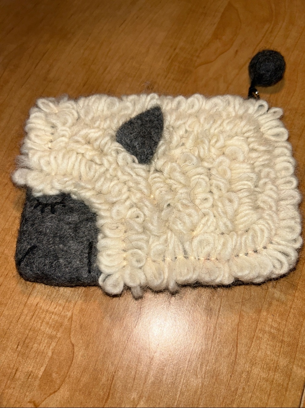 Handmade Fluffy Lamb coin purse, charcoal felted wool w/cream colored curls -NEW